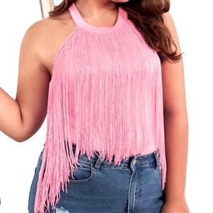 Pink Fringe Halter Bodysuit